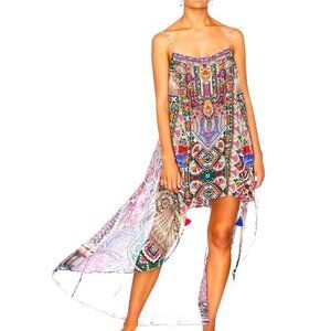 CAMILLA Kalbelia Queen Pink Silk Mini Dress Crystal Embellished Long Overlay XS